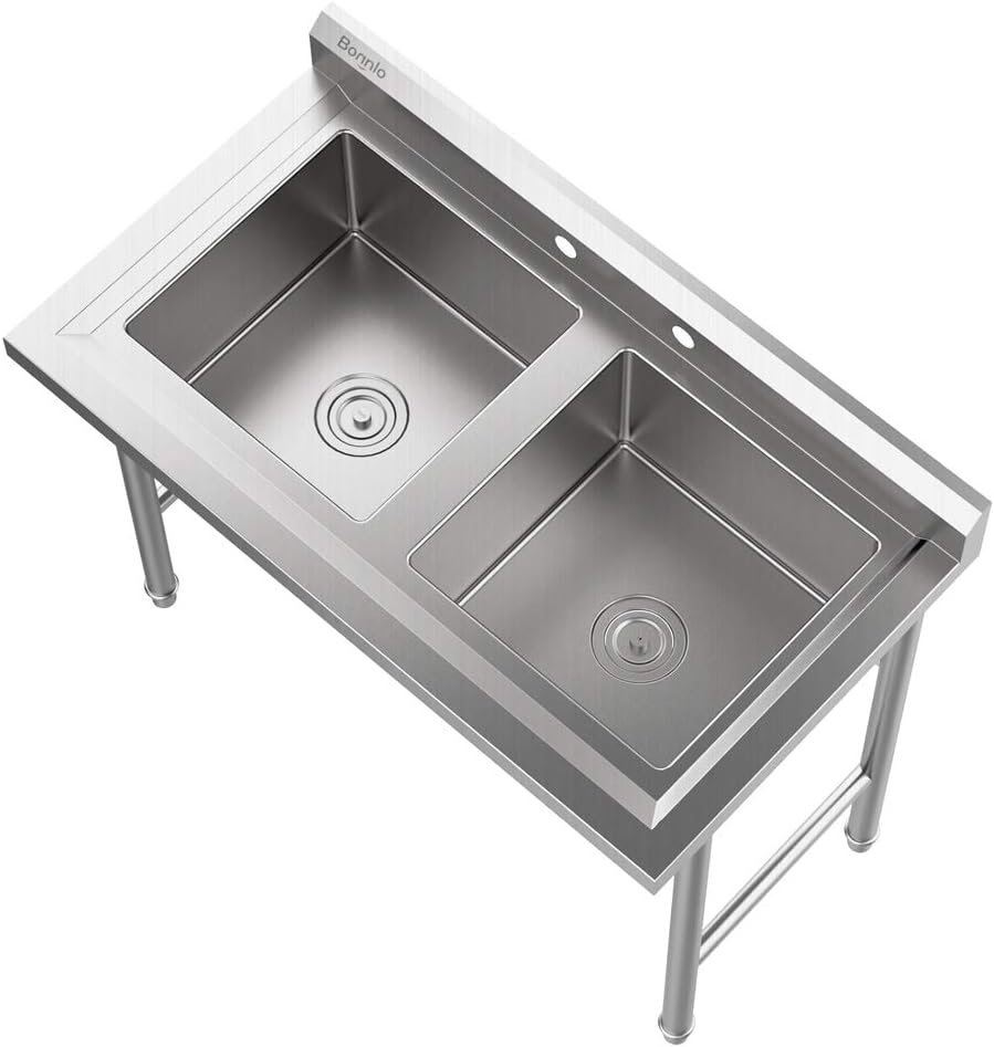 Commercial 304 Stainless Steel Sink 2 Compartment Free Standing Utility Sink for Garage, Restaurant, Kitchen, Laundry