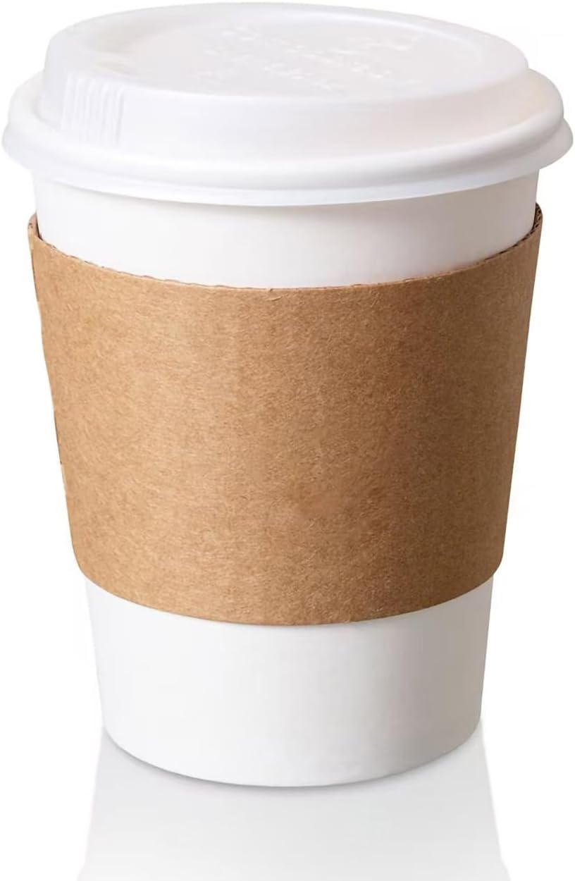 [50 pack 12 oz Compostable Coffee Cups with Lids and Kraft Sleeves