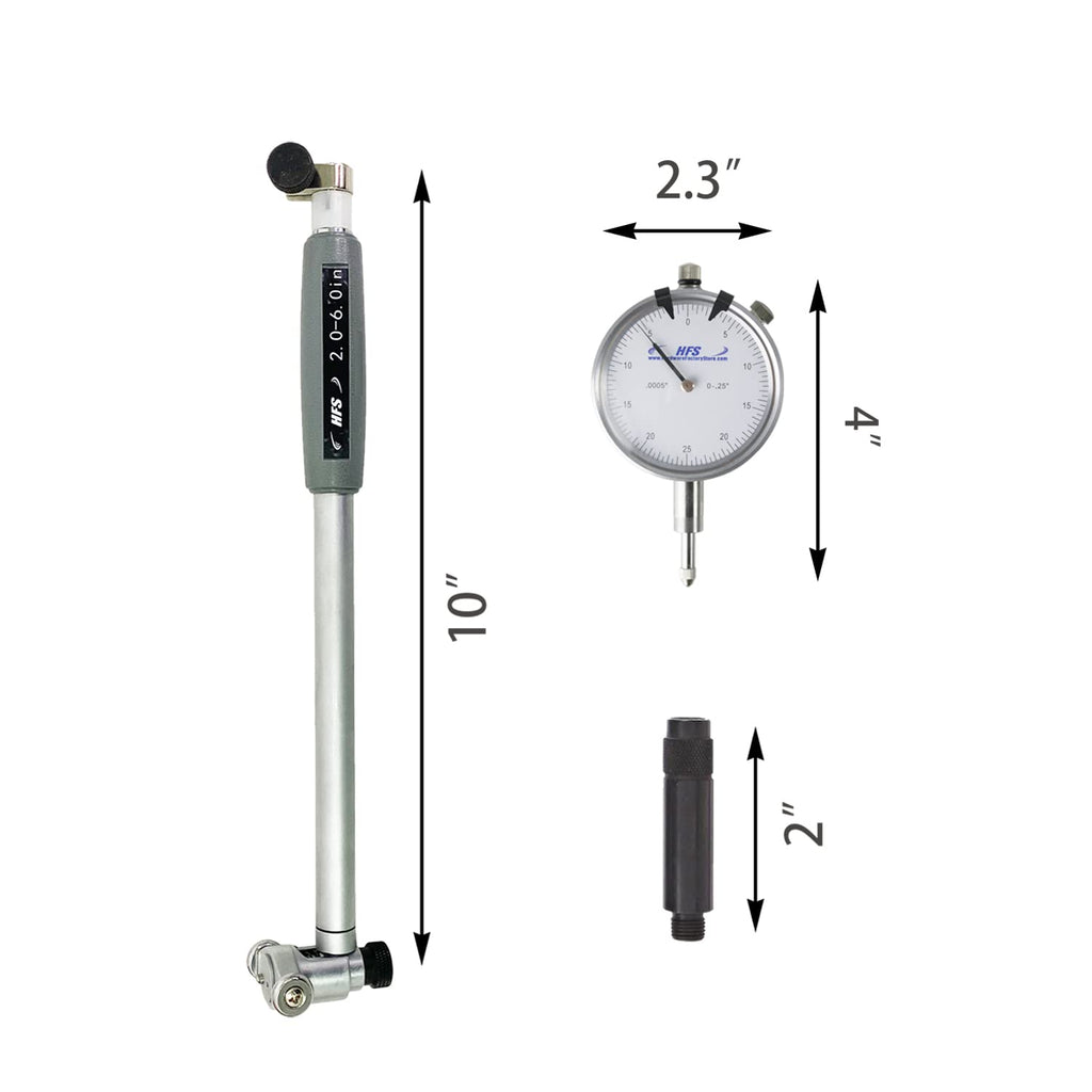 HFS Dial Bore Gauge Set, 2-6 in Range, 0.0005 in Graduation, 6 in Depth