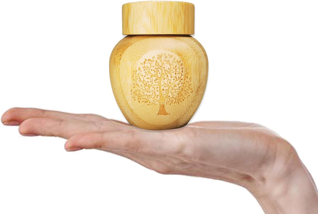 Mini Scattering Urns for Human Ashes Adult, Tree of Life Pattern Engraved Biodegradable Bamboo Urns, 2.1''x2.6''