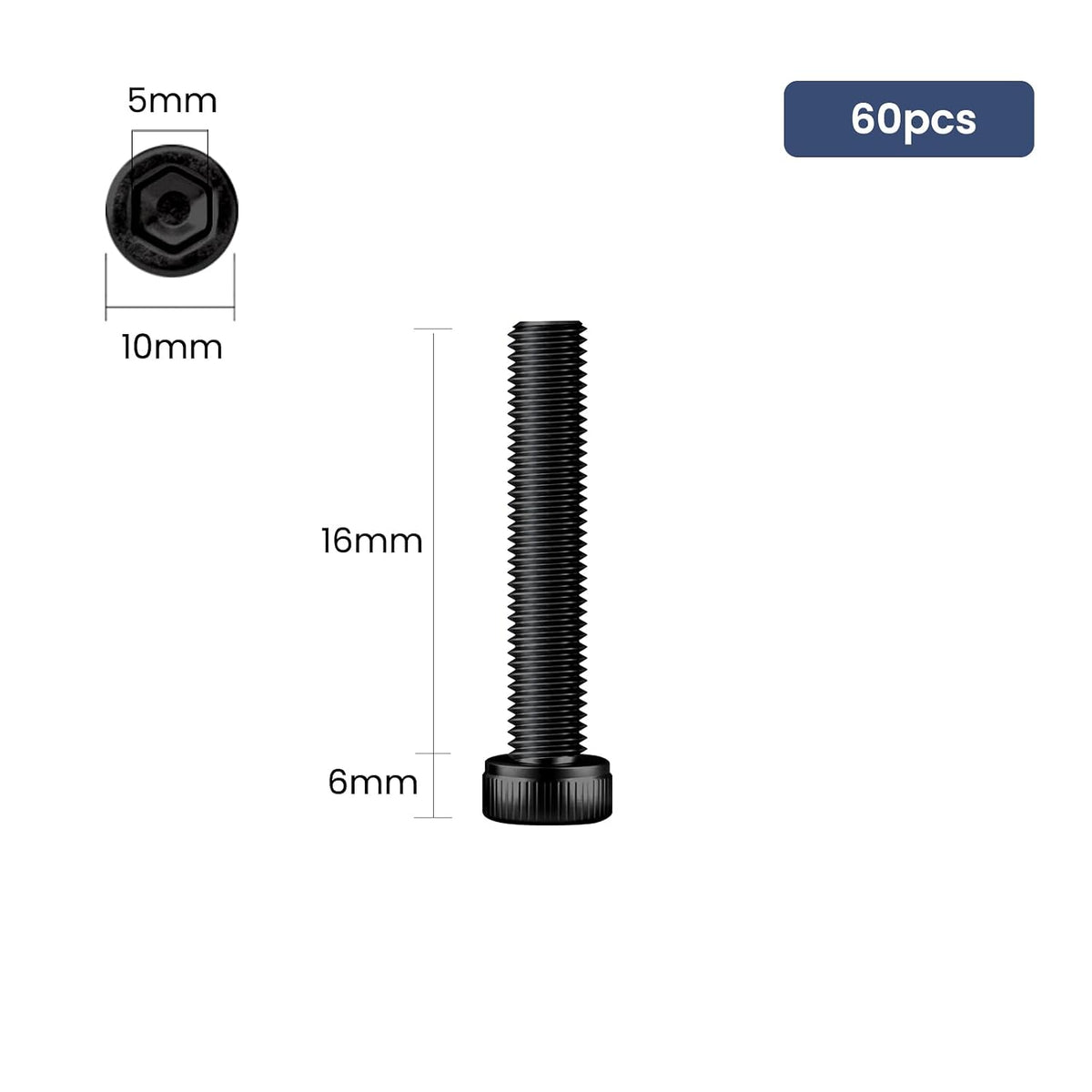 60pcs M6 x 16mm Hex Socket Head Cap Screws Bolts, 12.9 Grade Alloy Steel, Black Oxide Finish, Allen Socket Drive, Full Threads,with Hex Spanner