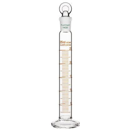Measuring Cylinder with Glass Stopper 25ml, Borosilicate Glass Cylinder with 14/20 Standard Taper Joint & Clear