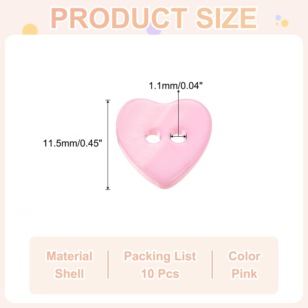 10Pcs Natural Shell Button, 2 Hole 11.5mm Heart Shape, Pink