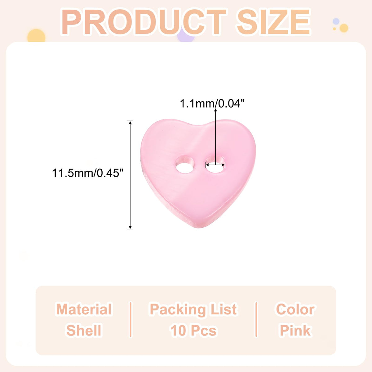10Pcs Natural Shell Button, 2 Hole 11.5mm Heart Shape, Pink