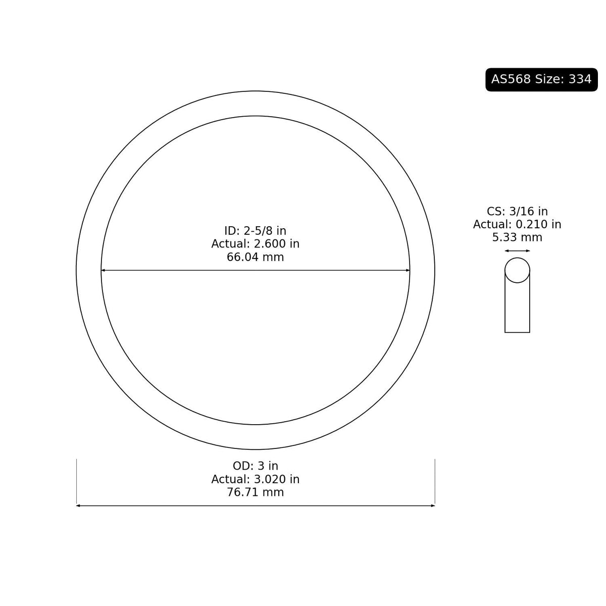 10 PK AS-334 Buna-N O-Ring, 70A 2-5/8" ID, 3" OD, 3/16" Width, Black