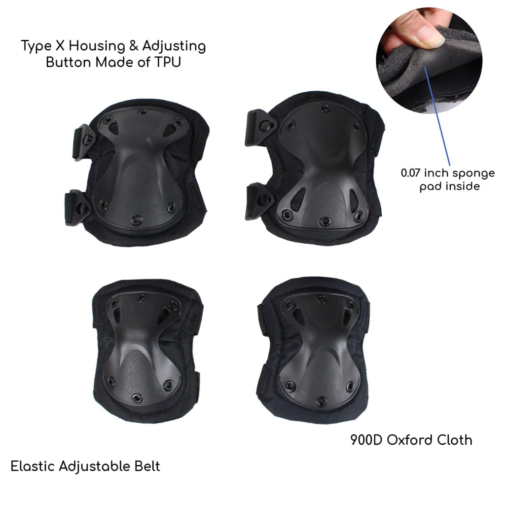 Pack of 4 Tactical Knee & Elbow Protective Pads Guard Black Knee and Elbow Pads Adjustable Shoulder Straps Gel Knee