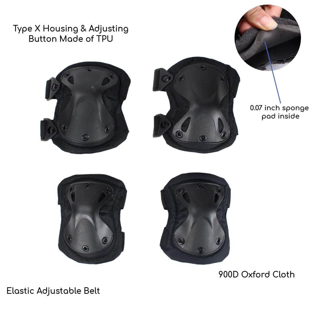 Pack of 4 Tactical Knee & Elbow Protective Pads Guard Black Knee and Elbow Pads Adjustable Shoulder Straps Gel Knee