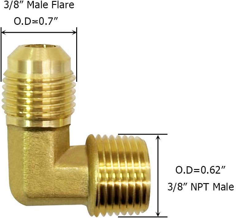 Hooshing 2PCS 3/8" Male Flare x 3/8" Male NPT Brass 90° Elbow Tube Fitting