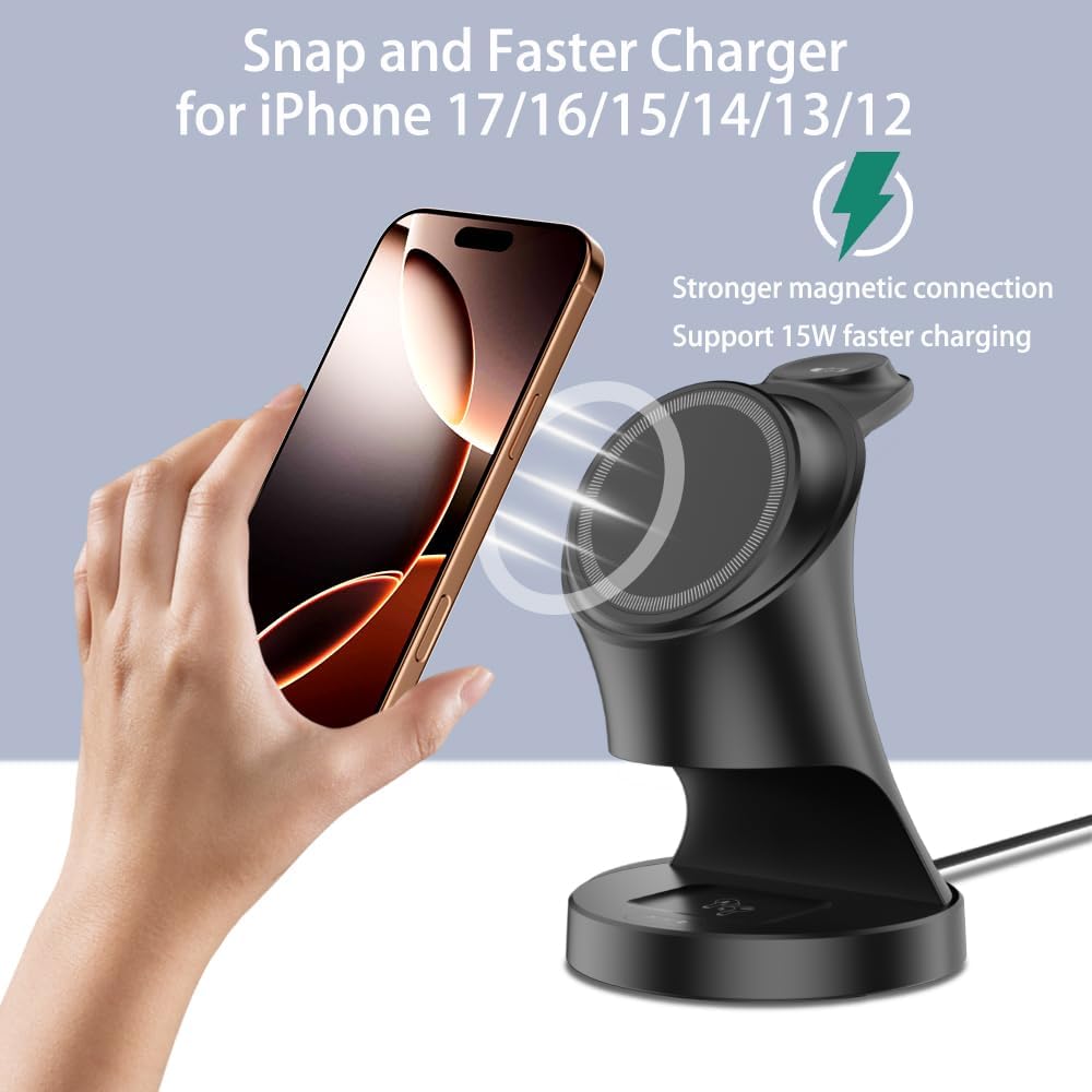 Wireless Charger,3 in 1 Magnetic Wireless Charger Stand, Fast Wireless Charging Dock for iPhone17/16/15/14/13/12