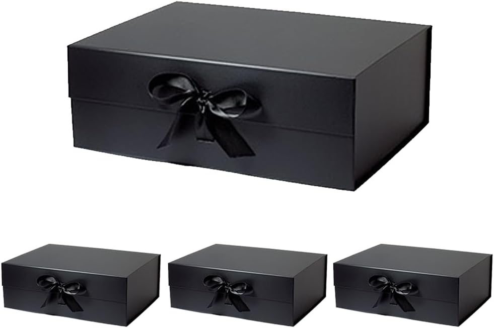 Black Gift Box with Ribbon 10.2x9x3.74 in, Foldable Magnetic Gift Boxes for Wrapping Gifts, Bridesmaid Groomsman