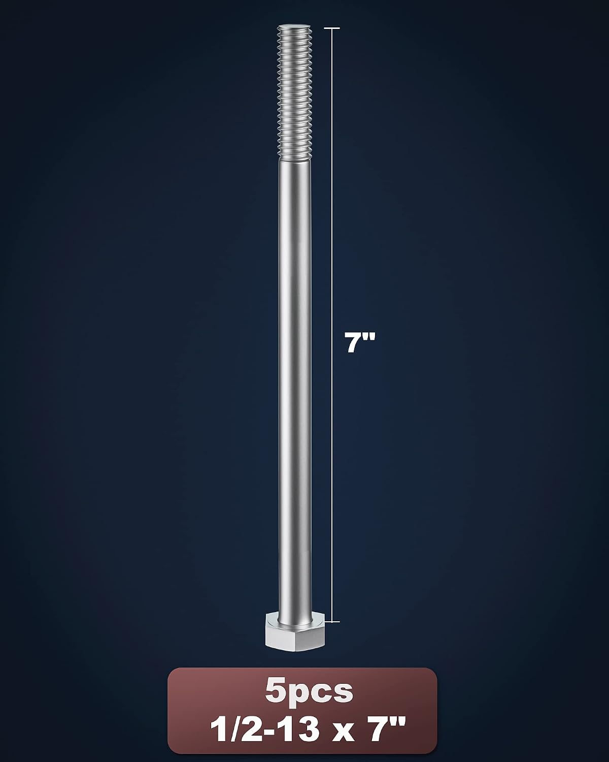 1/2-13 x 7 (1 to 7" Optional) Hex Head Screw Bolt, Stainless Steel 18-8(304), Partially Threaded,5pcs