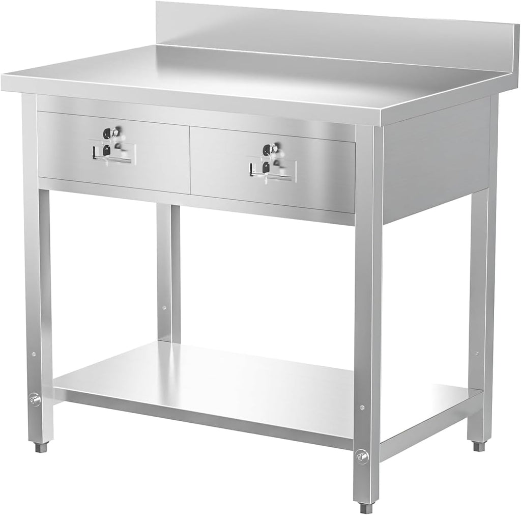 42" X 26" Stainless Steel Table with 2 Drawers, Commercial Heavy Duty for Work & Prep, Backsplash & Undershelf for