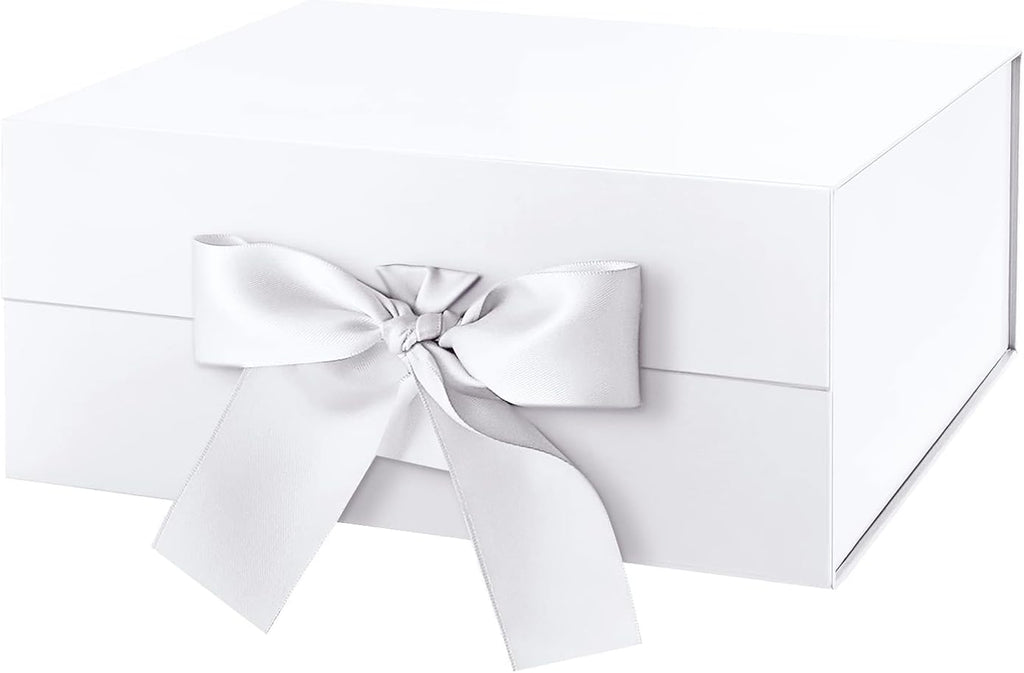 White Magnetic Gift Box with Lid and Ribbon 9x6.5x3.8 Inch