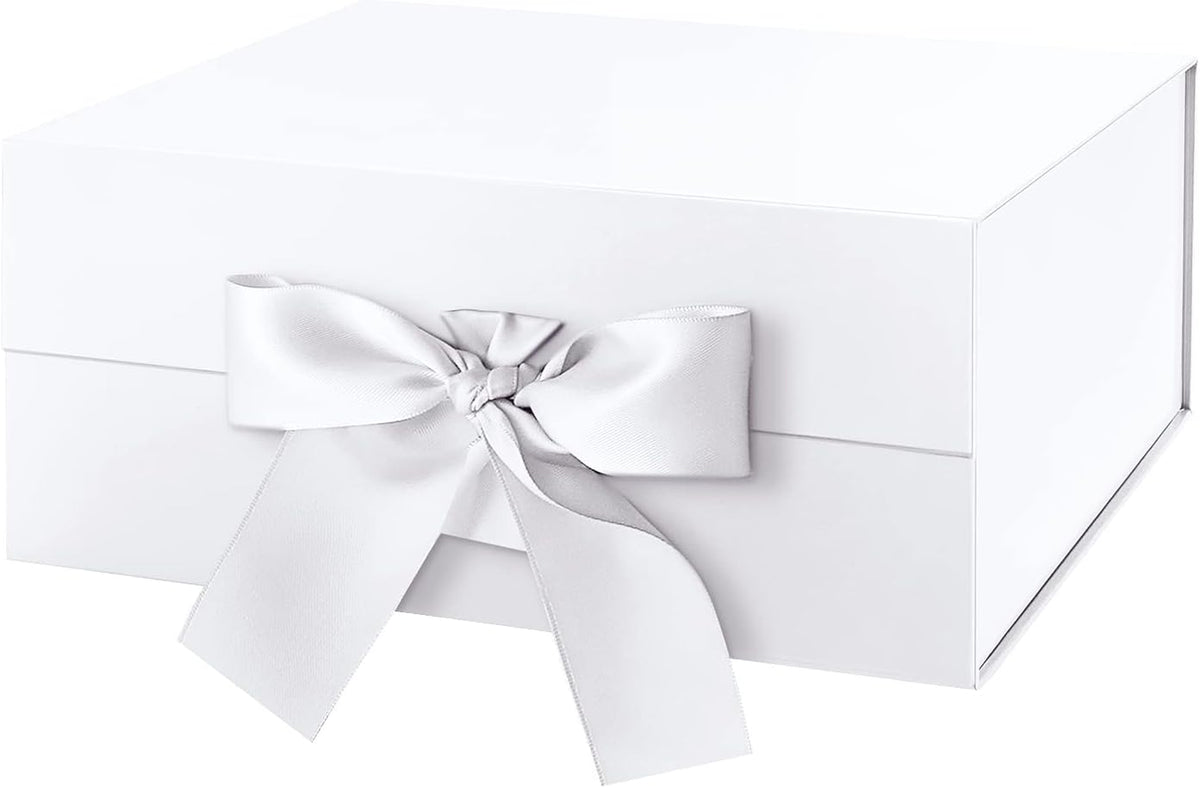 White Magnetic Gift Box with Lid and Ribbon 9x6.5x3.8 Inch