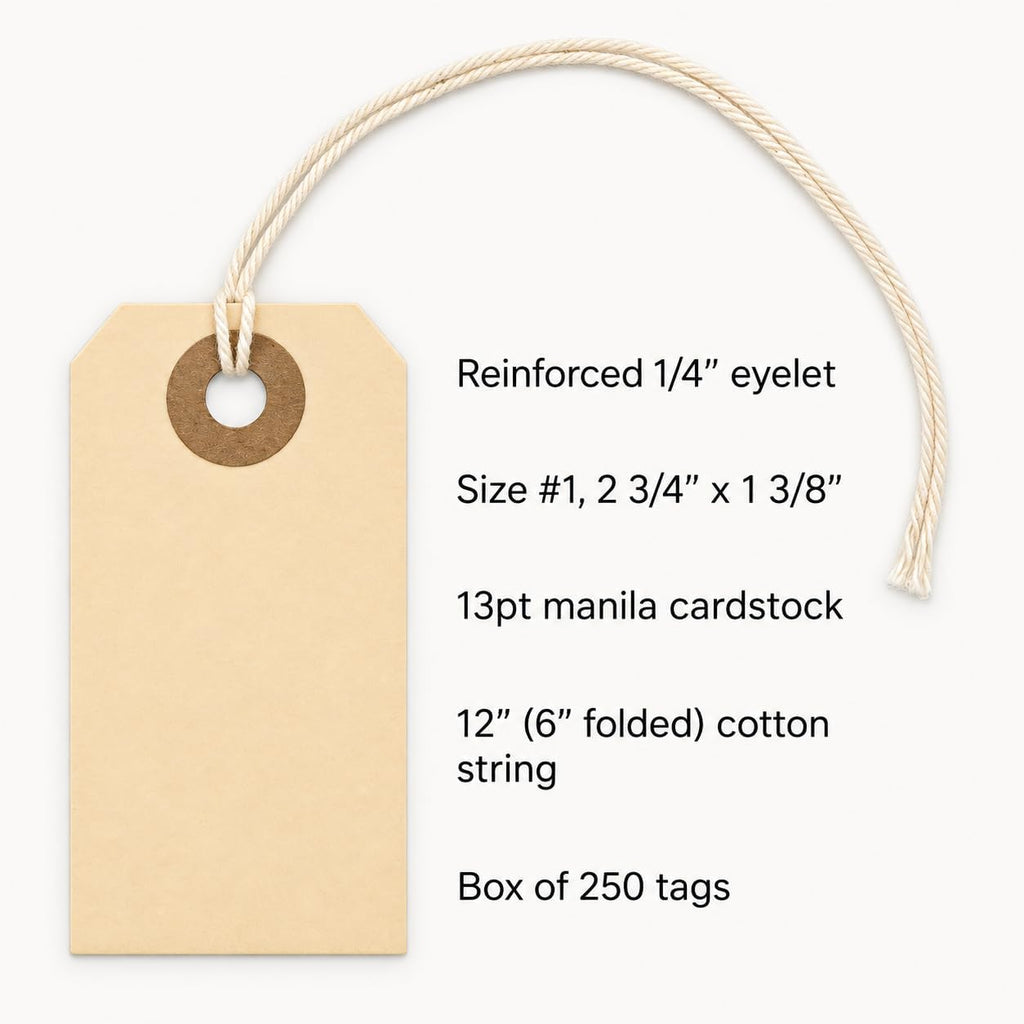 250 Small Manila Tags with String Attached #1, 2 3/4" x 1 3/8"