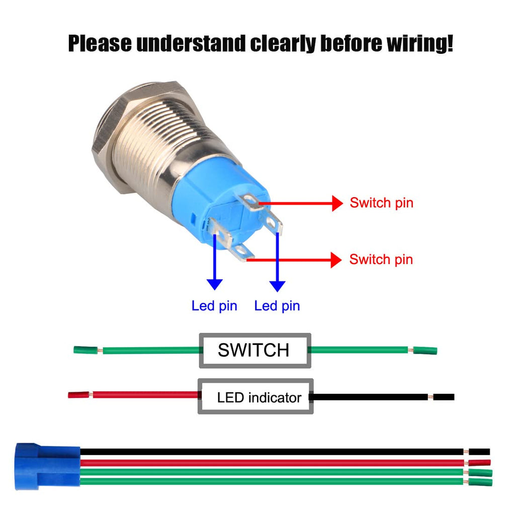 Gebildet 2pcs 0.47"/12mm Stainless Steel Self-locking Latching Push Button Switch 12V-24V 3A Power Symbol LED Normally Open SPST ON Off Waterproof Toggle Switch with Wire Socket Plug (Blue+Red)