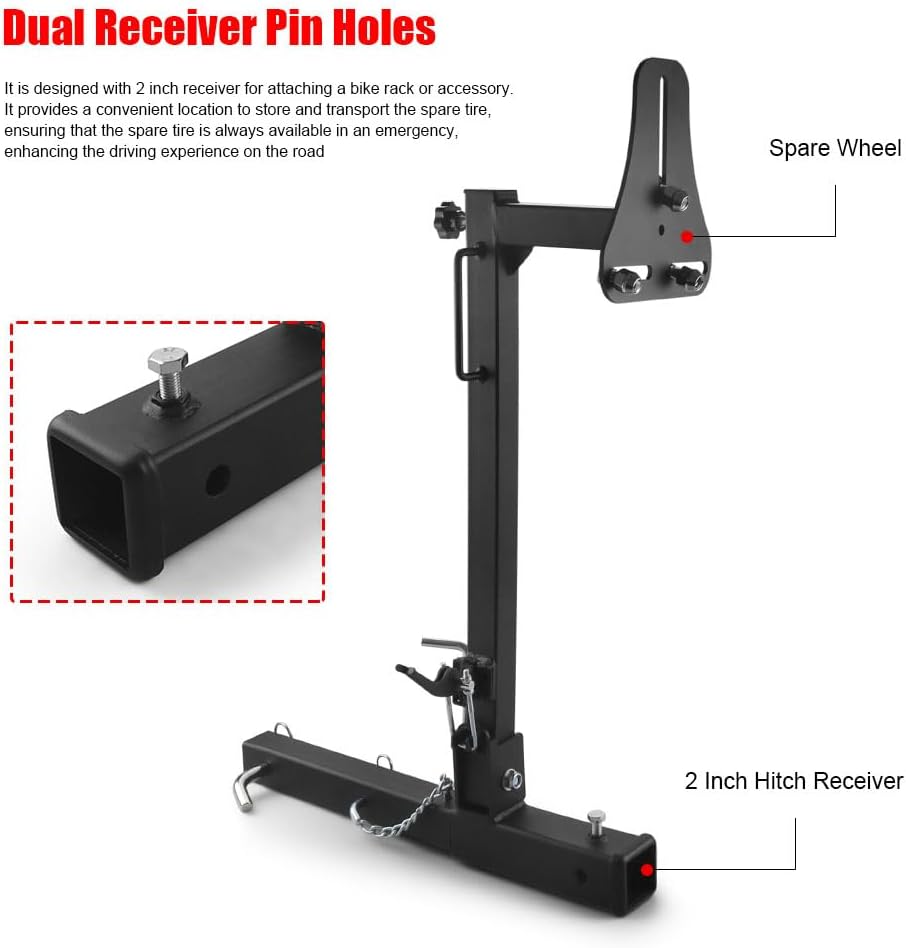 Adjustable RV Spare Tire Carrier Mount for Vans SUVs and Motorhomes, Fits 16" to 24" Wheels, Hitch with 2 Inch