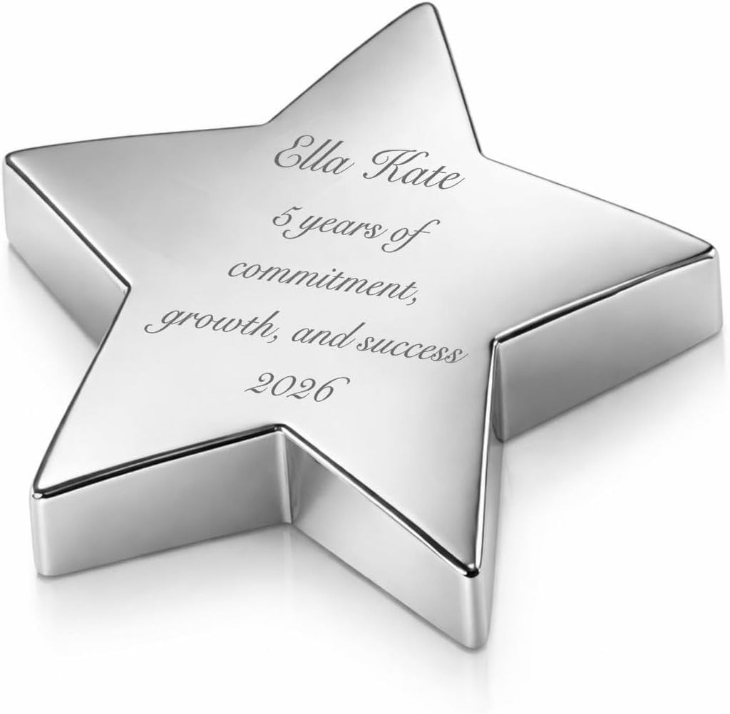 Custom Engraved Silver Star Paperweight – Personalized Office Desk Award & Recognition Gift | Free Engraving - Ships