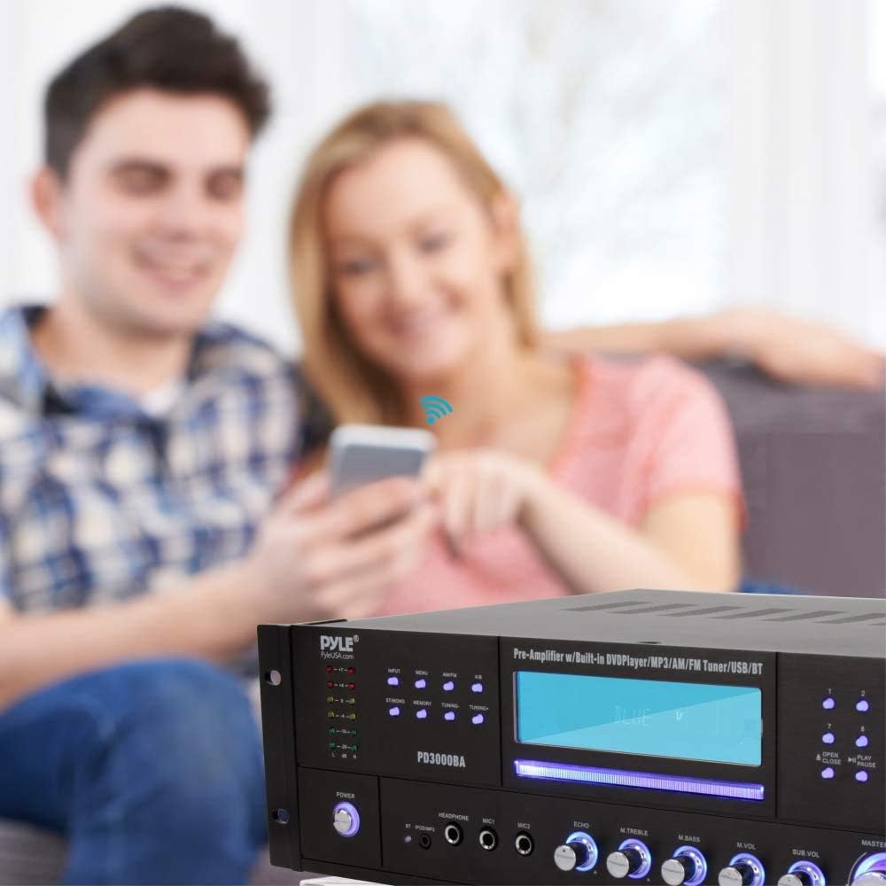 4 Channel Bluetooth Home Amplifier - Front Loading DVD/CD Player - 3000W Peak Stereo Receiver - 2 Mic Inputs w/ Echo