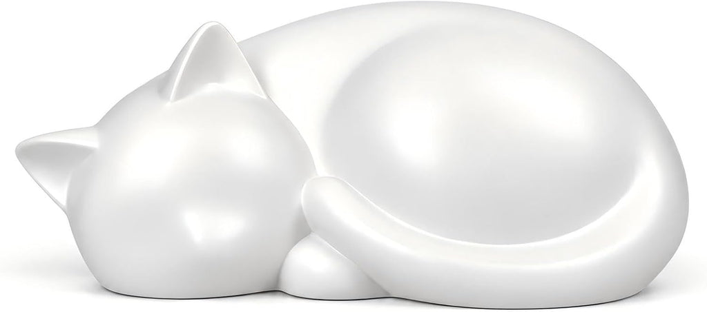 Handmade Sleeping Cat Urn for Ashes - Elegant White Pet Memorial Statue
