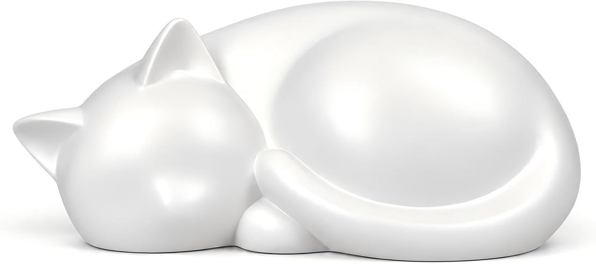 Handmade Sleeping Cat Urn for Ashes - Elegant White Pet Memorial Statue