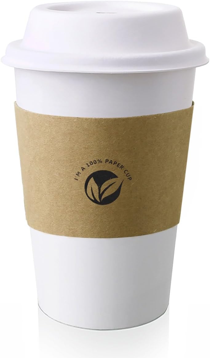 [50 pack] 16 oz Compostable Coffee Cups with Lids and Kraft Sleeves