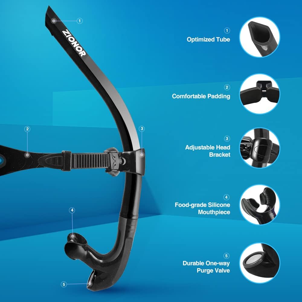 T1 Swim Snorkel for Lap Swimming Adult | Center Mount for Swimming Training, Comfortable Mouthpiece, One-Way Purge