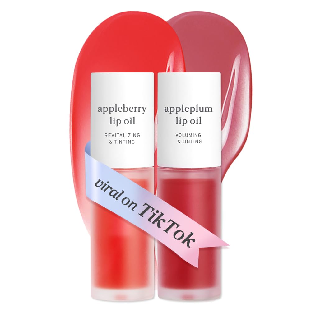Korean Lip Oil Set - Appleberry & Appleplum - Plumping Tinted Gloss | 24HR Hydration, Moisturizing Lip Oil, Natural