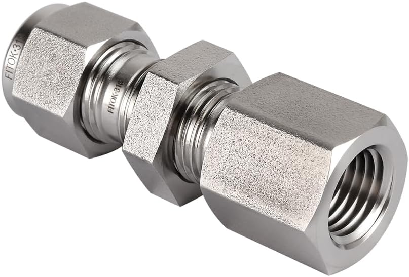 316 Stainless Steel Bulkhead Connector 3/8" Tube OD x 1/4" Female NPT Compression Fitting 6600 psi, SS-BCF-FL6-NS4