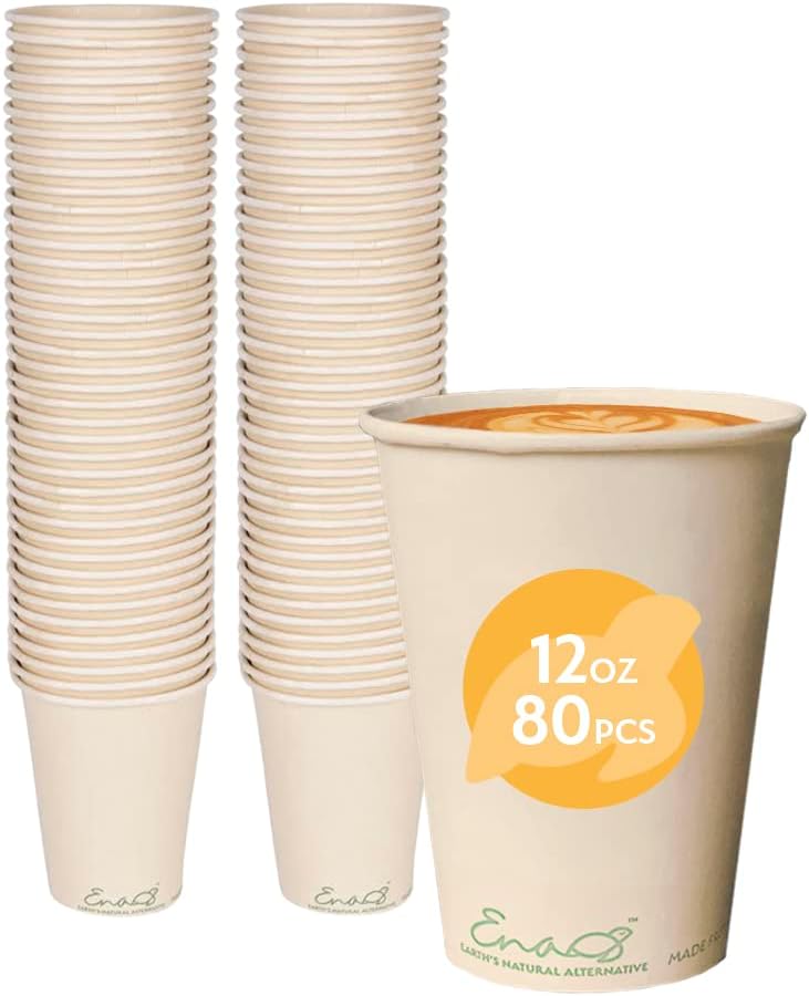 100% Compostable Disposable Coffee Cups [12oz 80 Pack] Paper Cups Made from Bamboo, Eco-Friendly, Biodegradable