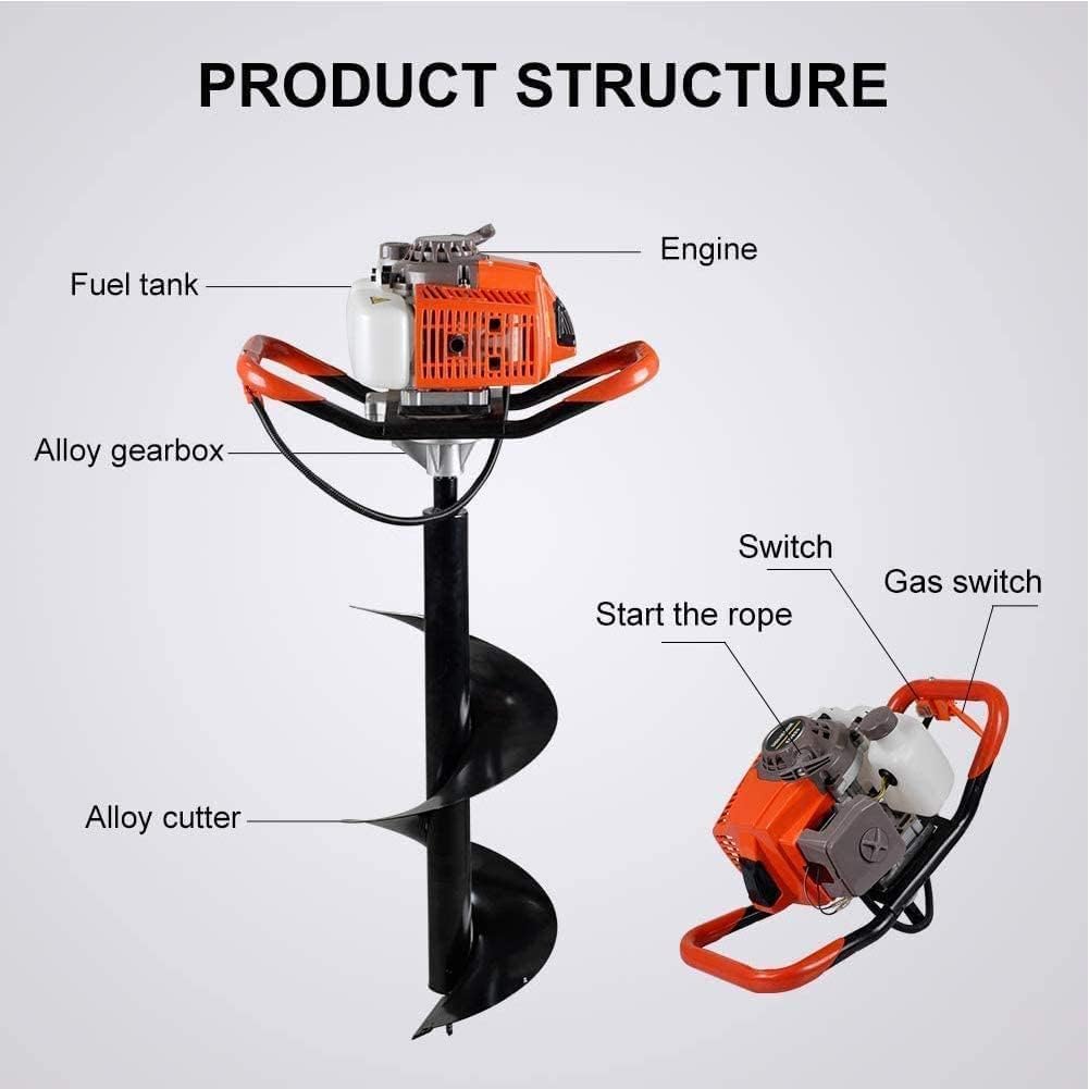 85cc Auger Post Hole Digger Gas Powered Earth Digger 2-Stroke Petrol | w/ 3 Auger Bits (4" 8" 12") + 2 Extension Bar