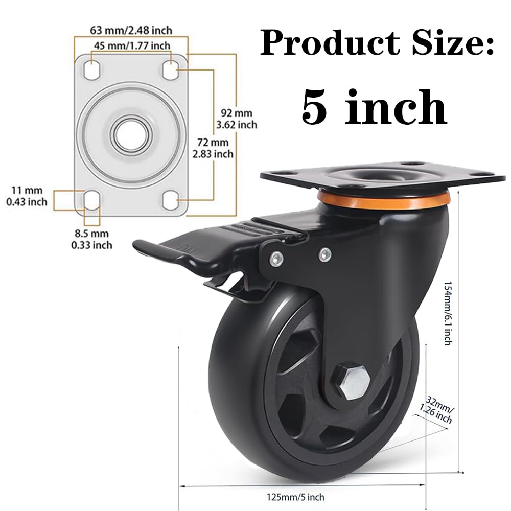 5 Inch Caster Wheels, Set of 6 Heavy Duty Swivel Plate Casters with Brake | Industrial Casters with Dual Ball