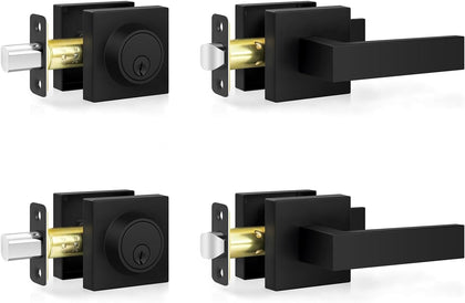 Exterior Door Lock Sets, Matte Black Passage Door Handle and Single Cylinder Deadbolt Lock Combo, Modern Square Door