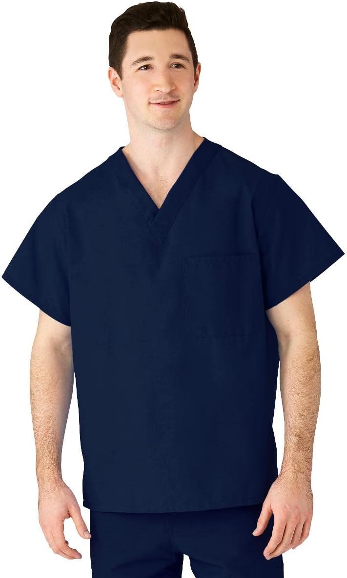 AngelStat Unisex 1-Pocket V-Neck Scrub Top, Navy, X-Large