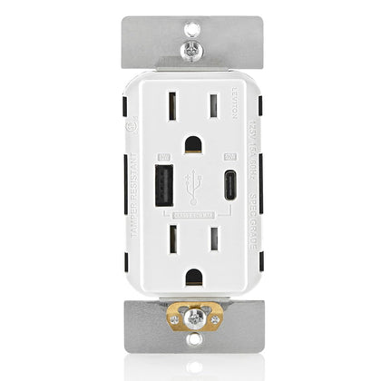 Leviton 60W (20V@2.5A+ 5V@2A) USB Dual Type A/Type-C Power Delivery in-Wall Charger with 15A Tamper-Resistant Outlet, USB Charger for Smartphones, Tablets, Laptops, T5634-W, White