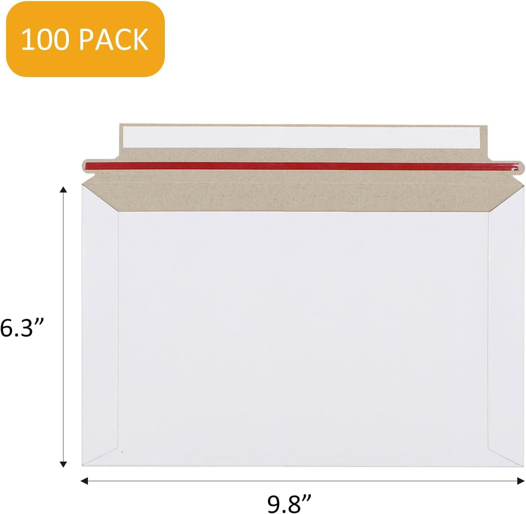 100 Pack 6.3"x9.8" Rigid Mailer Self Seal Photo Document Mailer | White Stay Flat Cardboard Envelopes