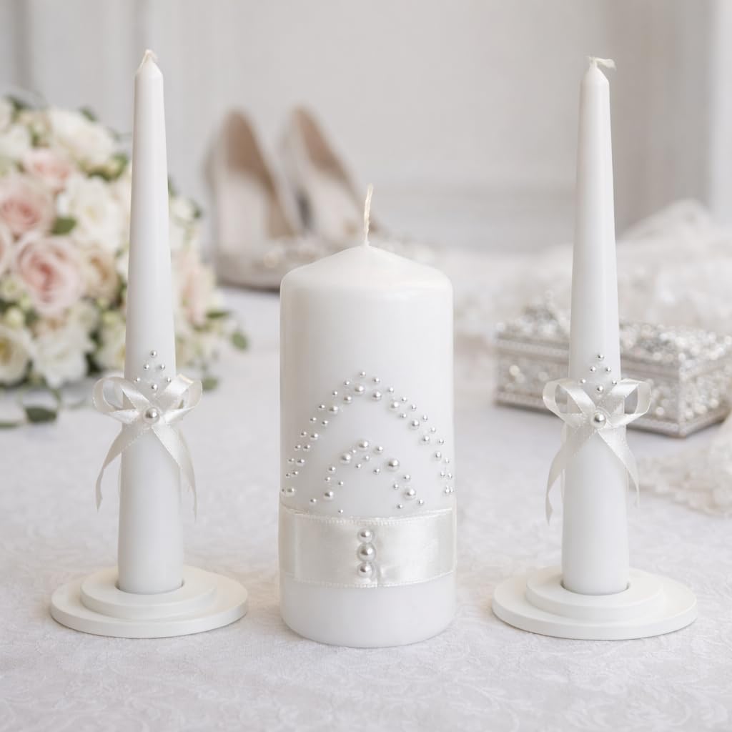 Pearl Promise Unity Candle Set for Wedding Ceremony Handmade White 6" Pillar & 2 Taper 10" Candles with Pearl Ribbon