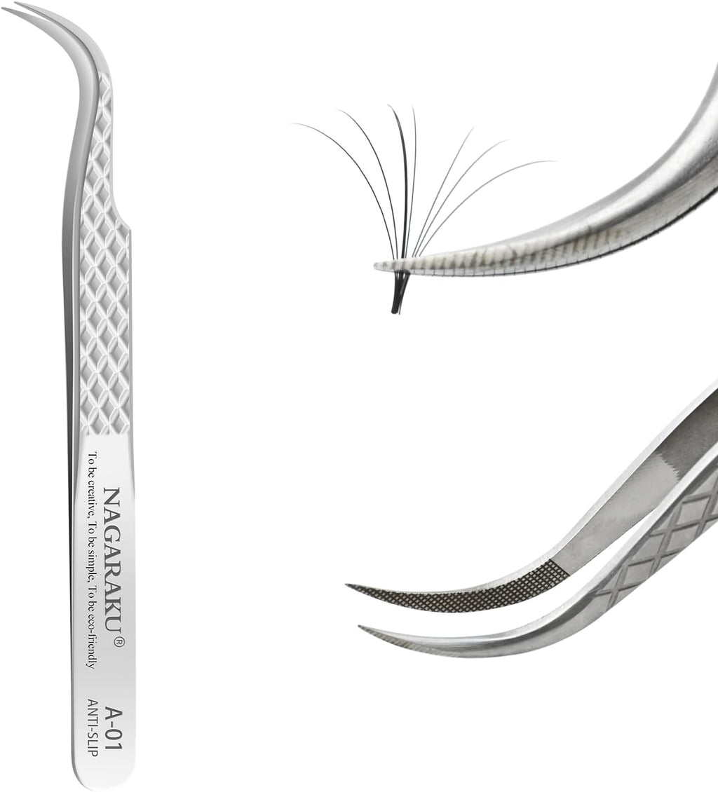Eyelash Extension Tweezers Diamond Grip with Pattern on tip Precision Durable Curved Professional for Classic Lash