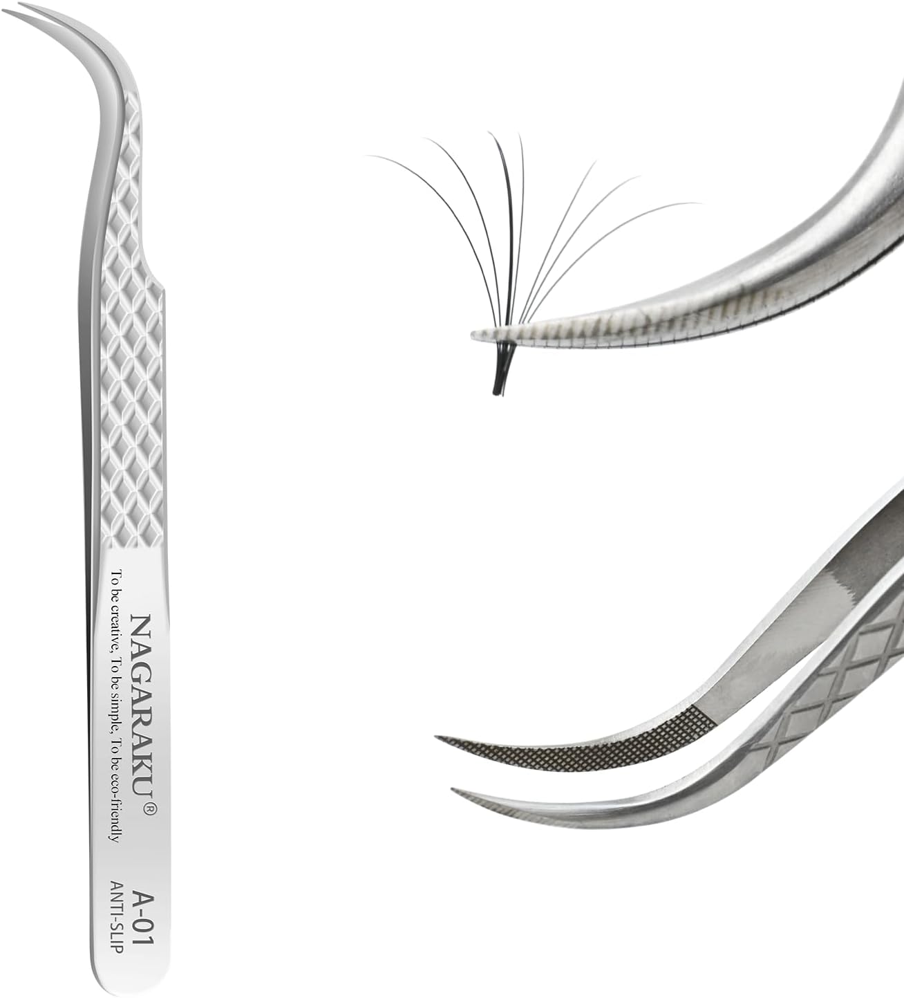 Eyelash Extension Tweezers Diamond Grip with Pattern on tip Precision Durable Curved Professional for Classic Lash