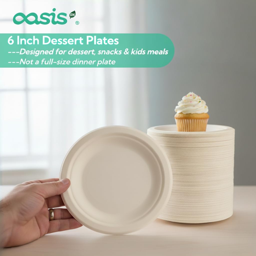 6 Inch 128 Pack Compostable Disposable Paper Plates, Small Dessert Plates, Heavy Duty Sugarcane Bagasse