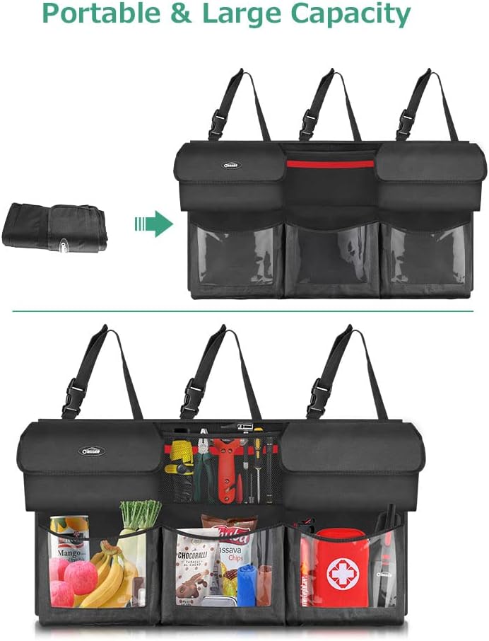Back Seat Trunk Organizer Hanging Car Organizer Foldable Cargo Storage with 6 Large Pockets 3 Adjustable Straps