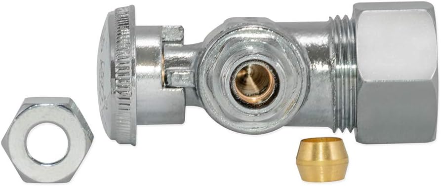 1/4 Inch OD x 5/8 Inch OD (1/2 Inch Nom.) Quarter Turn Angle Stop Valve, Brass Plumbing Fitting, Chrome, 10737LF