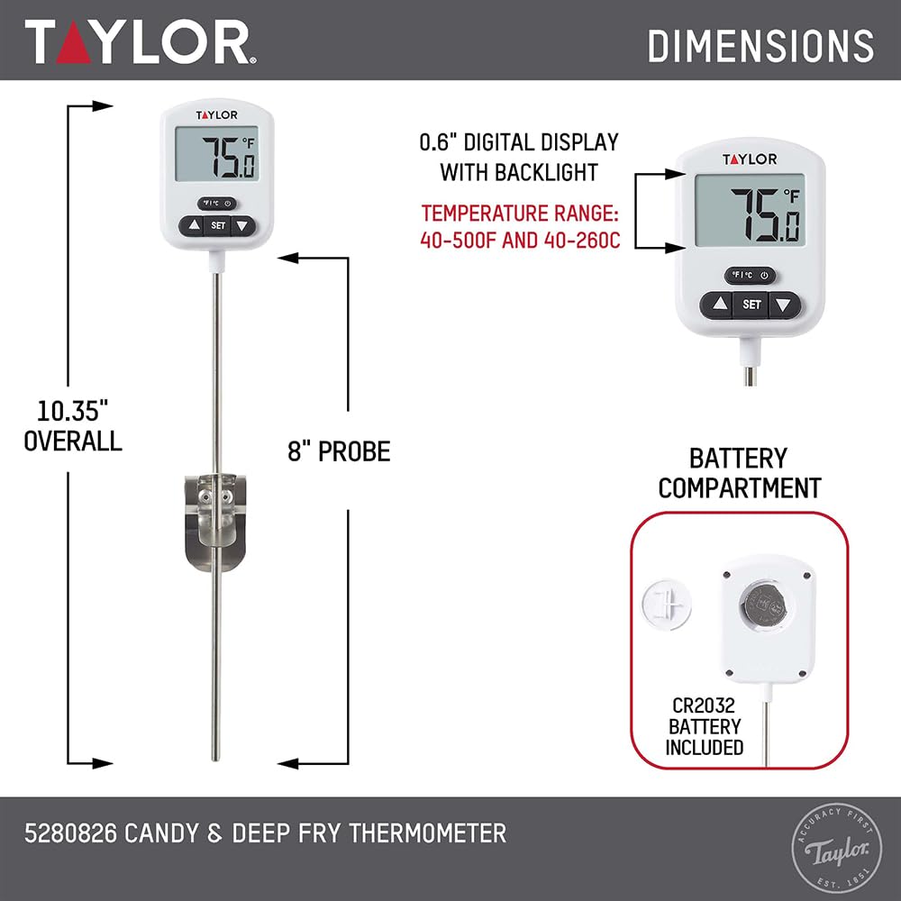 Programmable Digital Candy and Deep Fry Thermometer with Green Light Alert Display, Long Stem, and Adjustable Pan