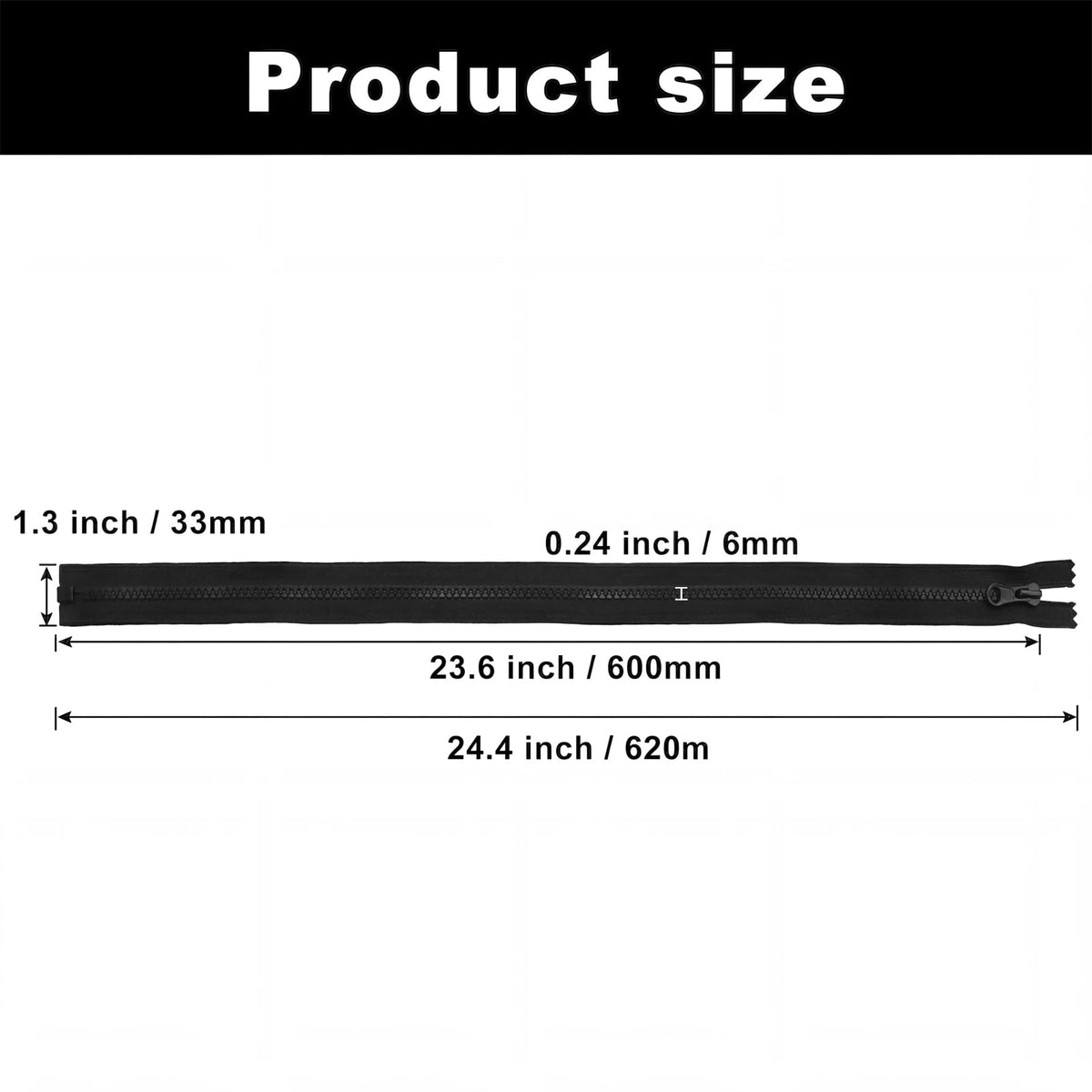 3 Pack 24 Inch Separating Zippers, Black