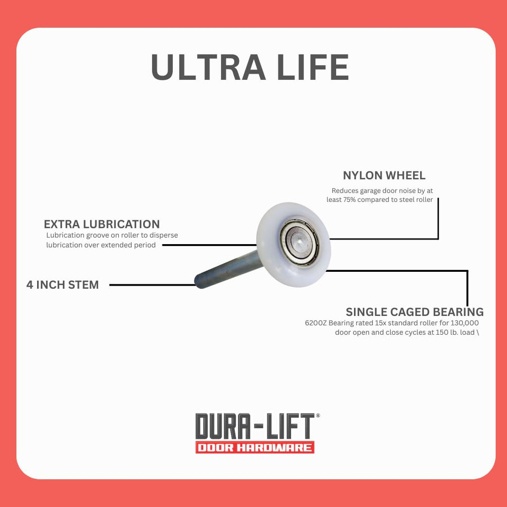 DURA-LIFT Ultra-Life 2" Reinforced 6200Z Bearing Nylon Garage Door Roller and 4" Stem (10 Pack)