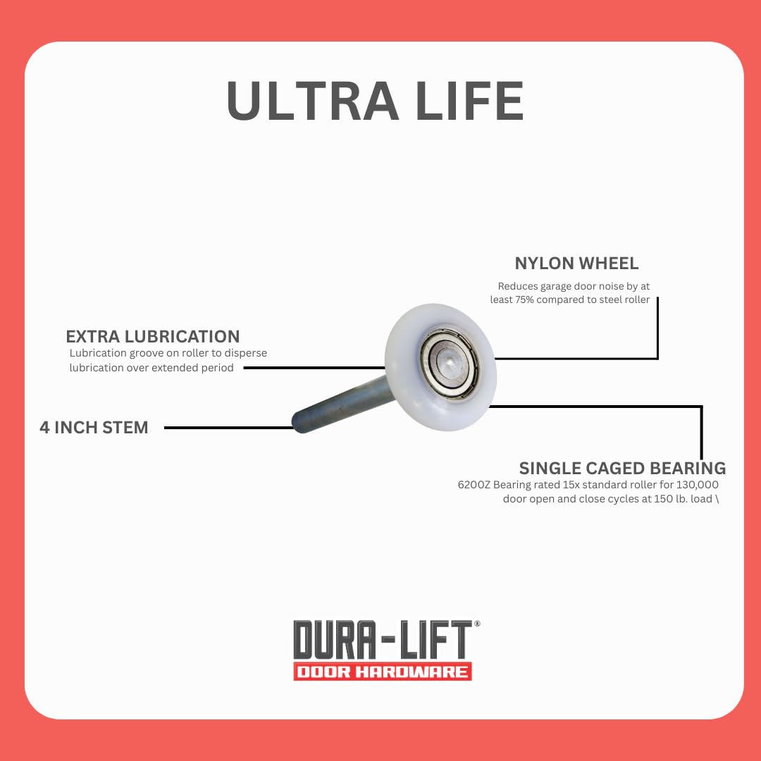 DURA-LIFT Ultra-Life 2" Reinforced 6200Z Bearing Nylon Garage Door Roller and 4" Stem (10 Pack)