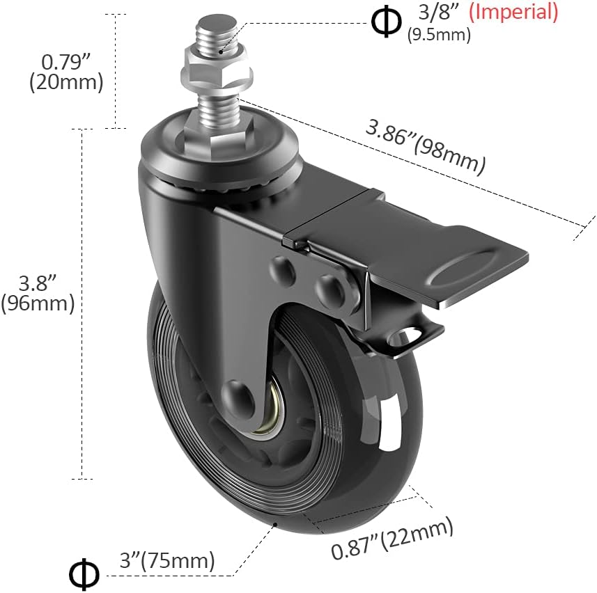 3" Caster Wheels,Heavy Dudy Swivel Casters Set of 4 (2 with Matel Brake,2 No Brake) 3/8"-16x1"Threaded Stem
