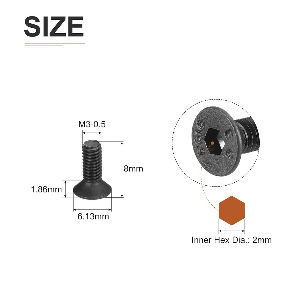 DTGN M3-0.5x8mm Flat Head Socket Cap Screws, 100 Pack Hex Socket Flat Head Screws Carbon Steel Black Oxide, Full Thread, Countersunk Bolts