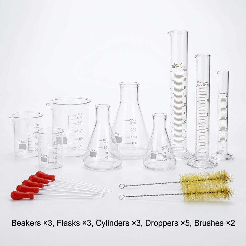 Borosilicate Glass Labware Set – 18 Pcs Heat Resistant Beakers, Flasks & Cylinders for Experiments, Study & Research