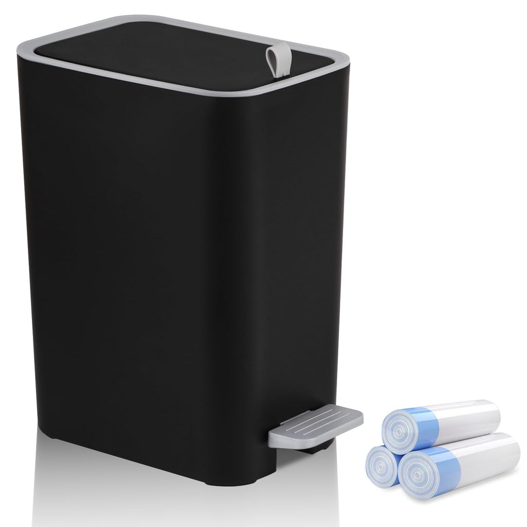 Small Bathroom Trash Can with Lid, 3.2 Gallon Slim Step Trash Can, Black
